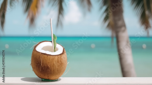 Opened coconut fruit with a drinking straw inside standing at the beach in front of the blue ocean under palm trees as a symbol for holidays. Generative AI.