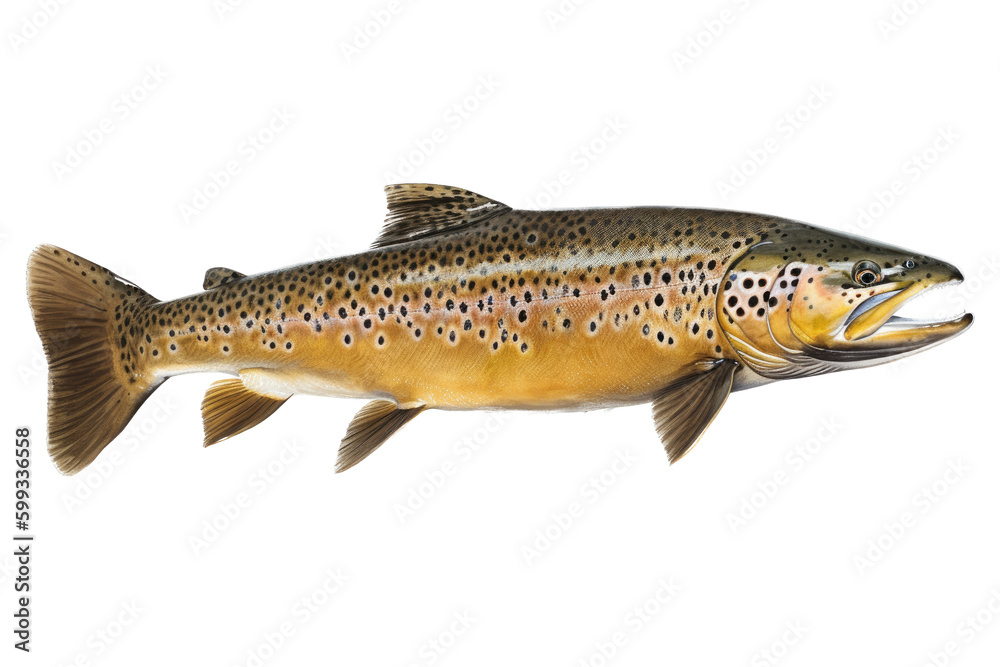 an isolated BrownTrout, river rocks, outdoor sport, fly fishing, lure  fishing, fishing-themed, river stones, photorealistic illustration on a  transparent background cutout in PNG. generative ai Stock Illustration