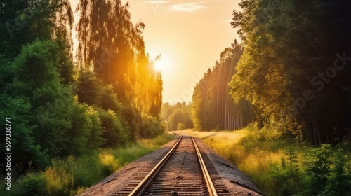 Warm orange light of the sun in the evening over a railroad in the middle of the nature. Generative AI.