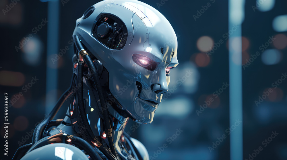 Side portrait of a male cyborg with futuristic background as a symbol for technological evolution. Generative AI.