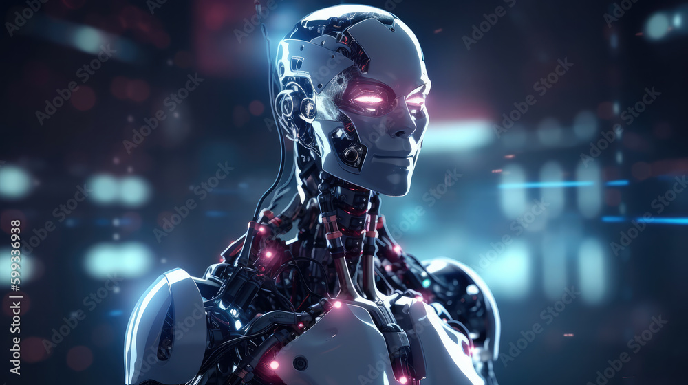 Cyborg with glowing eyes with a futuristic background. Generative AI.