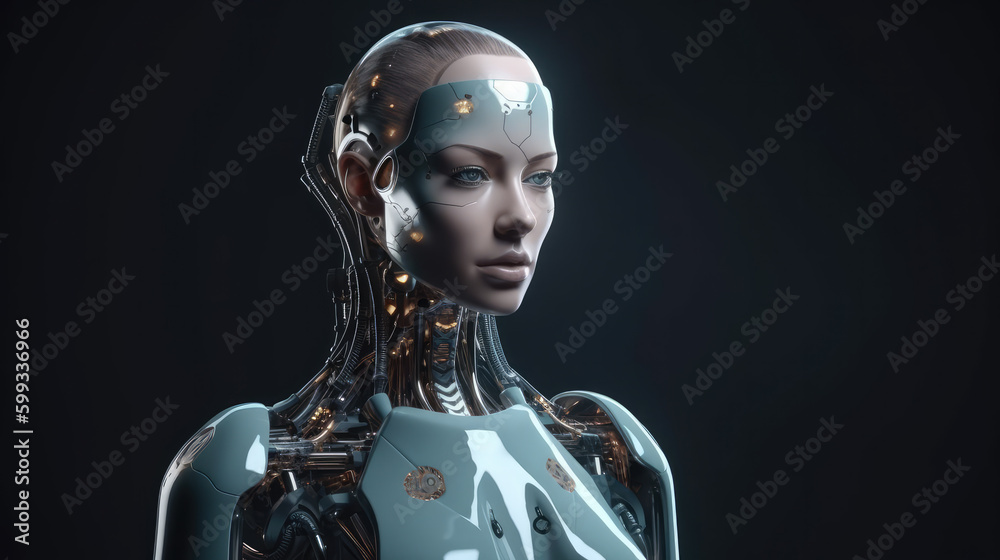 Beautiful female cyborg robot in front of dark background. Generative AI. Beautiful female cyborg robot in front of dark background. Generative AI.