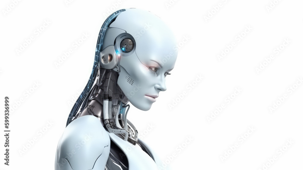 BEautifil white femaile coborg robot as a symbol for technology. Generative AI. BEautifil white femaile coborg robot as a symbol for technology. Generative AI.