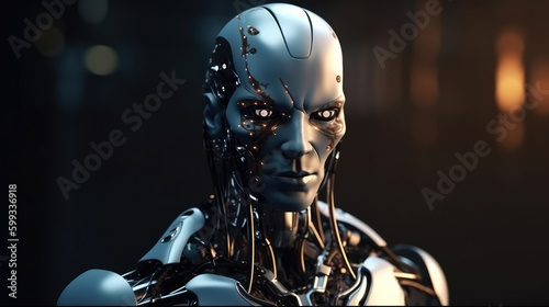 Male big cyborg with dark background. Generative AI.