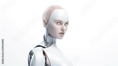 Beautiful female robot as a cyborg in front of white background. Generative AI.