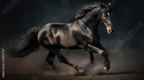 Black stallion in front of black background as a symbol for power and streng. Generative AI.