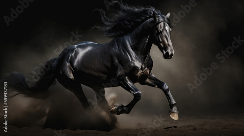 Black impressive stallion jumping and running in front of black pure background as  a symbol for power and strengt and maleness. Generative AI. photo