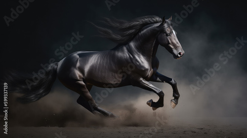 Black horse as a stallion running and jumping in front of a black background as a symbol for power and strength. Generative AI.