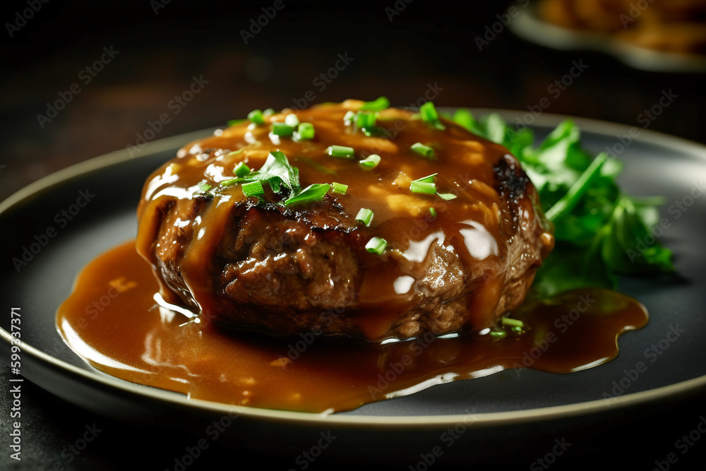 Delicious home cooked Salisbury steak with thick luscious brown gravy on a plate. Traditional American cuisine dish specialty for family dinner holiday celebrations