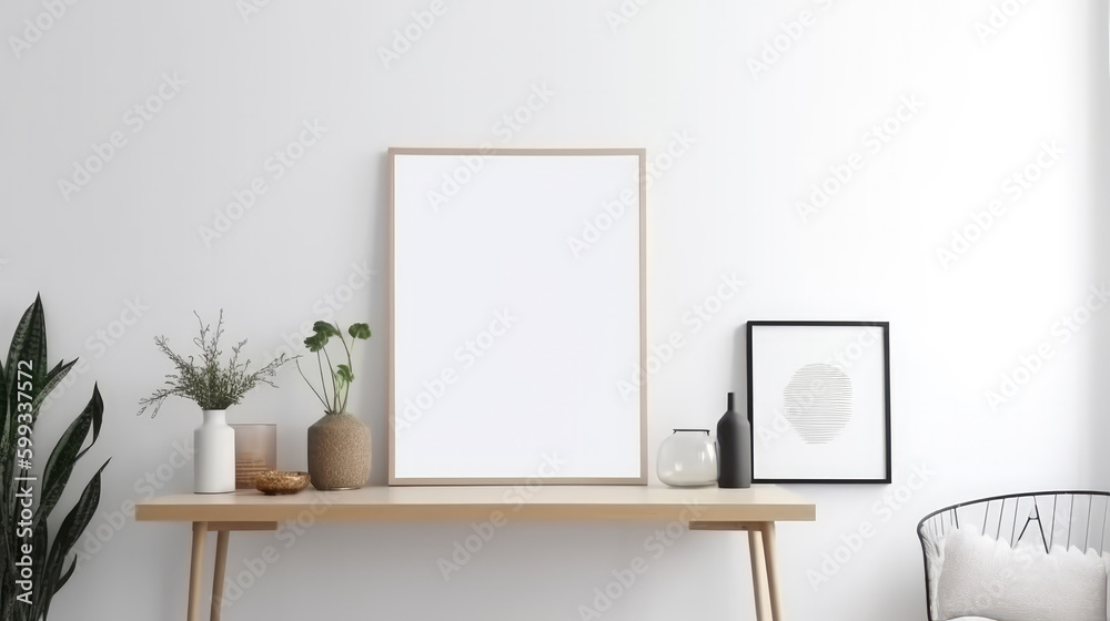 Some picture frames woth work space standing on a wooden sideboard. Generative AI. Some picture frames woth work space standing on a wooden sideboard. Generative AI.