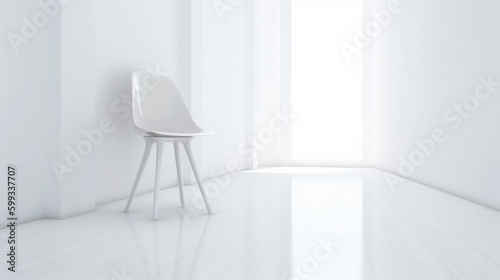 Single white modern chair in the corner of a white clean room with some workspca beside. Generative AI.