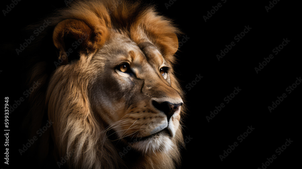 Portrait of an old male lion in front of black background as a symbol for a leader. Generative AI.