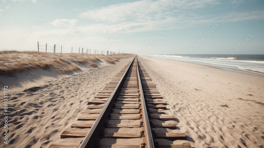 Straight railway running along the beach beside the ocean. Generative AI.