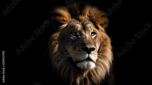 Portrait of a beautiful male lion in front of black background. Generative AI.