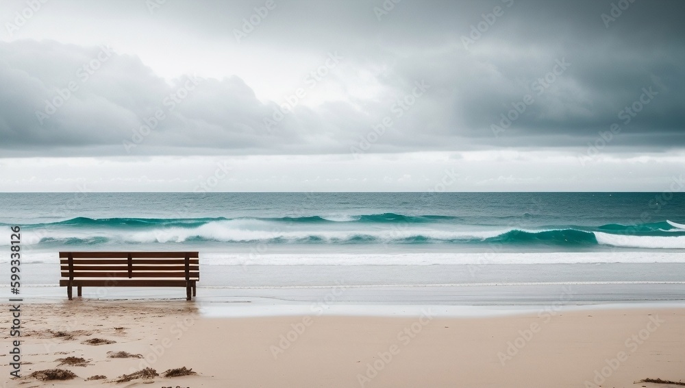 Wooden bench on a sandy beach, generative ai