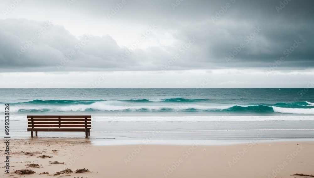 Wooden bench on a sandy beach, generative ai Wooden bench on a sandy beach, generative ai