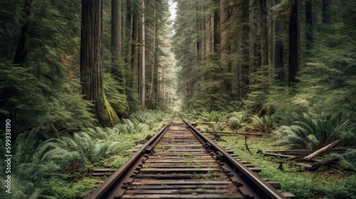 View along a railroad in the middle of the forest. Generative AI. © Markus