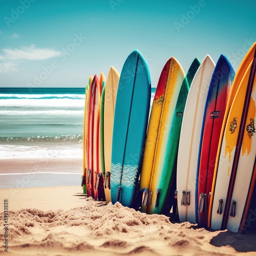 Group of Surfboards on Beach, Standing Upright, Ready for Adventure, Coastal Vibes, Generative AI