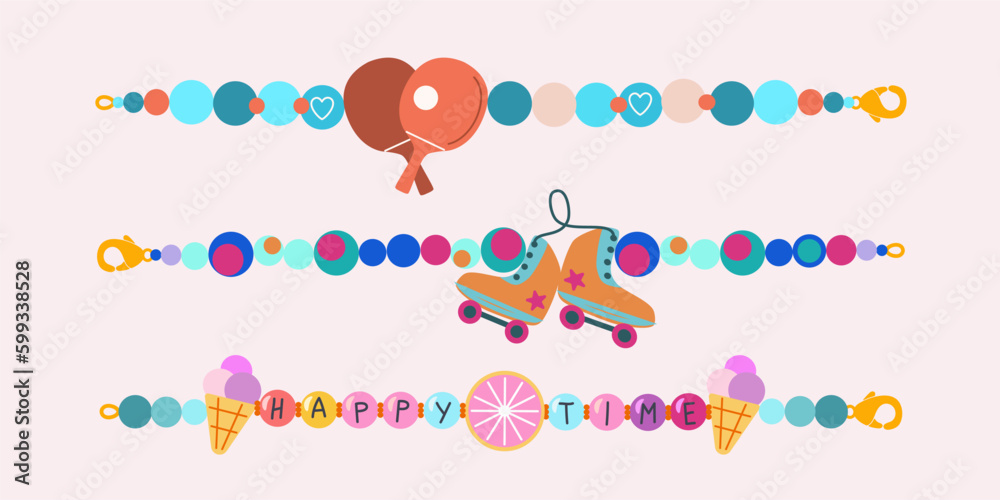 Abstract vector plastic beads colorful kids bracelets illustration set. Happy time friendship old school 90s cartoon style wristbands collection with roller skates, tennis and icecream Isolated