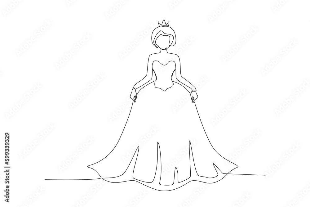 A queen wearing a beautiful dress. Queen one-line drawing A queen wearing a beautiful dress. Queen one-line drawing