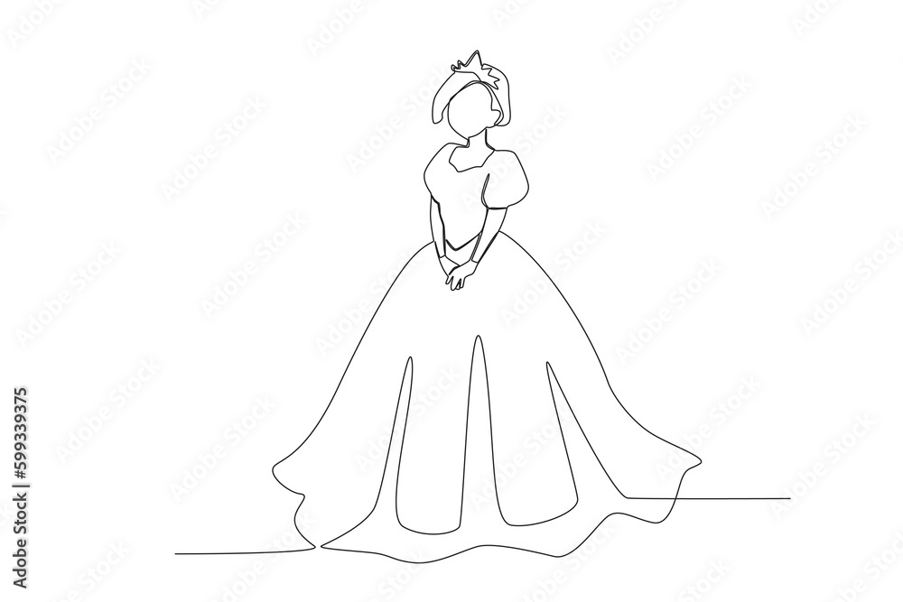 A queen wearing a luxurious royal dress. Queen one-line drawing