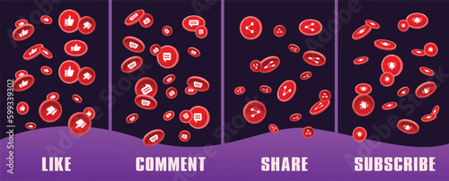Like, comment, subscribe and share buttons or coins falling from above png vector. Can be used to promote video channel or other marketing posts for business or podcasts. Unique design sticker icons.
