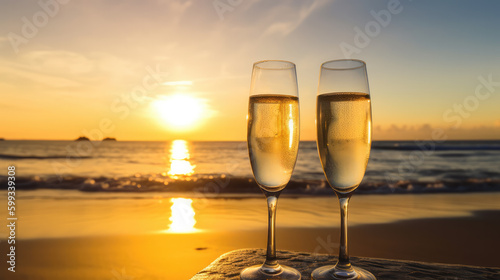 Two bubbly glasses full of secco standing in the sand of a beach as a symbol for a pair. Generative AI.