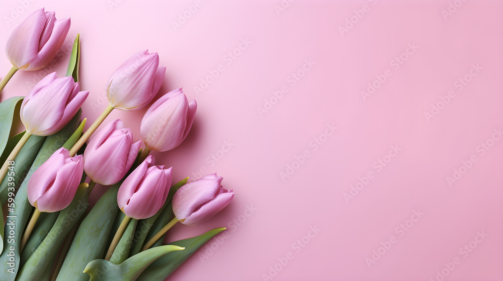 Spring flower composition featuring a bouquet of pink tulips on a pastel pink background. Generative AI Spring flower composition featuring a bouquet of pink tulips on a pastel pink background. Generative AI