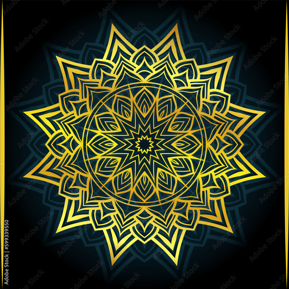 A black and gold poster with a gold design of a flower in the middle