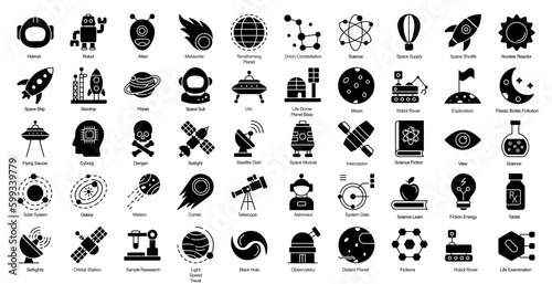 Science Fiction Glyph Icons Meteor Ufo Space Glyph Icons in Black