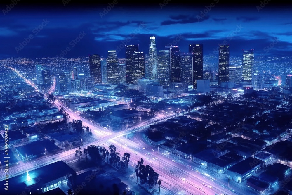 Los Angeles Downtown at Night, City Lights, Urban Landscape, Nightlife Energy, Generative AI