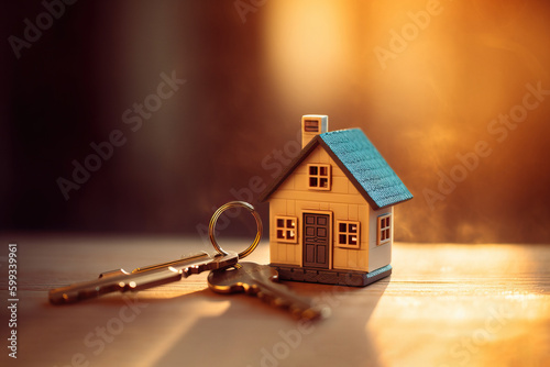 Key with a house shape keychain in the door keyhole 