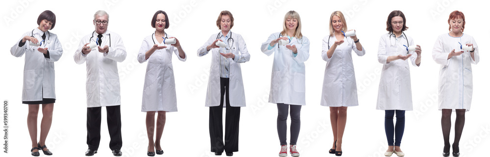 group of doctors holding jar isolated on white group of doctors holding jar isolated on white