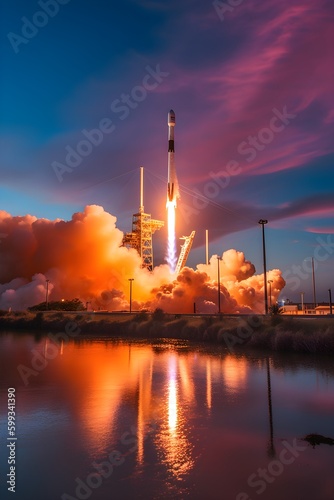 A large rocket launching from the pad with a large plume. The twilight sky is turning orange and purple. Reflection can be seen in the water beneath. Generative AI.