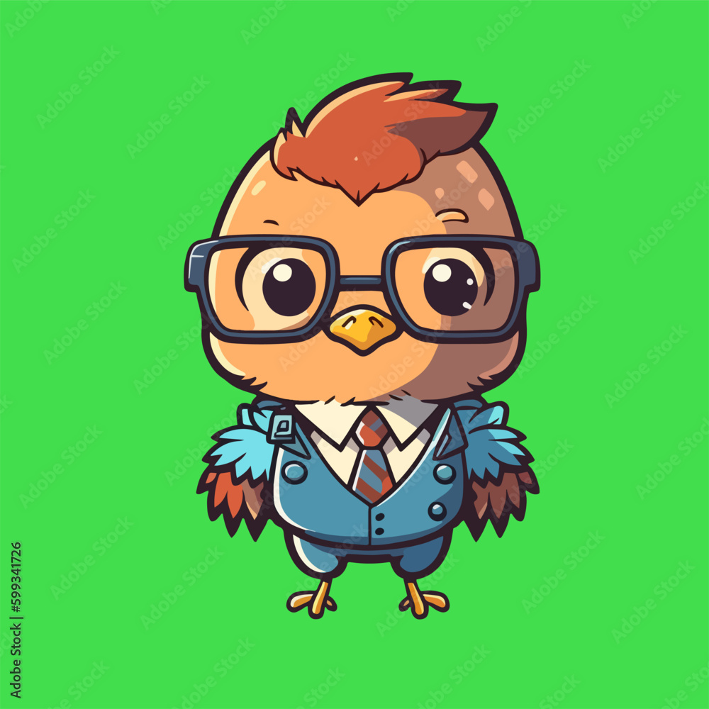 Cute mascot for a chicken wearing a uniform like a office worker and businessman, complete with a suit and tie, in a flat cartoon design. Suitable for advertising, presentations, books, and cards