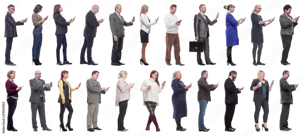 Obraz premium group of people profile holding phone in hand isolated