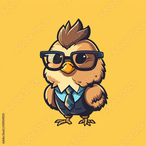 Cute mascot for a chicken wearing a uniform like a office worker and businessman, complete with a suit and tie, in a flat cartoon design. Suitable for advertising, presentations, books, and cards © mafxblue