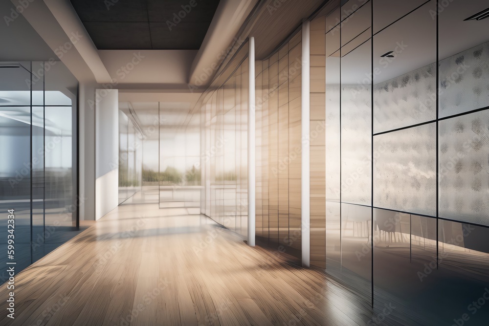 A beautiful modern spacious office hall with panoramic windows and a perspective in pleasant natural beige and brown tones. AI generated.