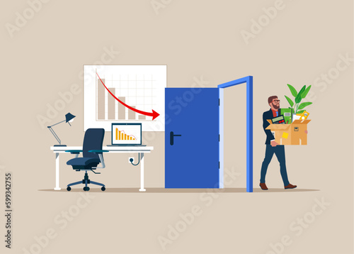 Upset fired male male leaving office. Unemployment, losing job. Flat vector illustration