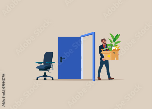 Upset fired male leaving office. Losing job, unemployment, finance crisis. Flat vector illustration