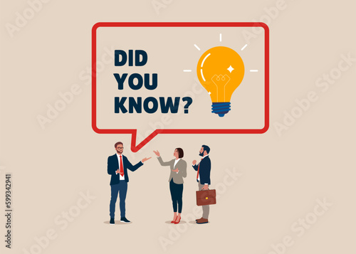 Business people talk or have lively discussion in office. Did you know sticker with yellow bulb and speech bubble. Flat vector illustration. 