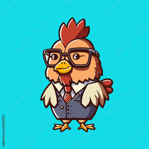 Cute mascot for a chicken wearing a uniform like a office worker and businessman  complete with a suit and tie  in a flat cartoon design. Suitable for advertising  presentations  books  and cards