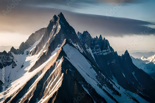 Photograph a rocky mountain peak. The peak should be high, mighty, unapproachable, sturdy, and impressive. Cloudy day.