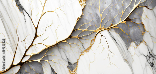 Marble white gray background with golden veins. Generative AI