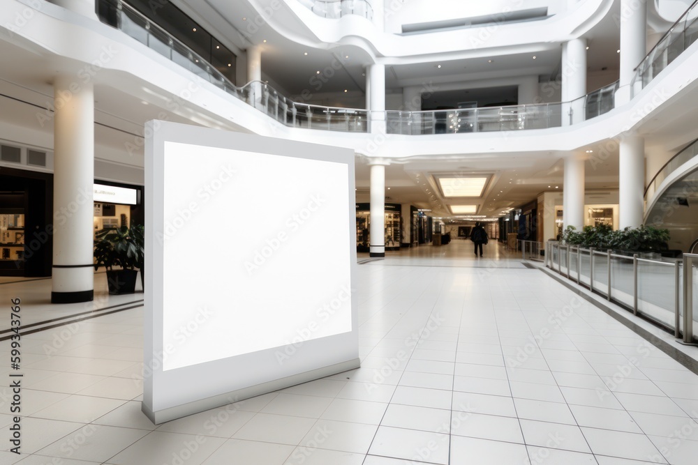 Pristine Blank Mockup Signboard in a Bustling Public Shopping Center Pristine Blank Mockup Signboard in a Bustling Public Shopping Center