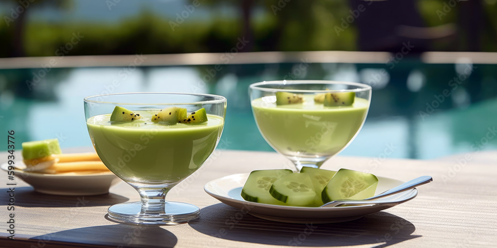 refreshing cucumber and melon gazpacho, served in clear glass bowls, favorite summer meals and drinks, Generative AI refreshing cucumber and melon gazpacho, served in clear glass bowls, favorite summer meals and drinks, Generative AI