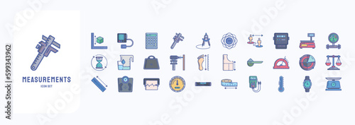 A collection sheet of linear color icons for Measurements, including icons like Calculator, Caliper, Compass, Degree and more