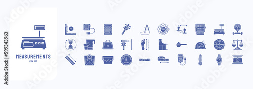A collection sheet of solid icons for Measurements, including icons like Calculator, Caliper, Compass, Degree and more photo