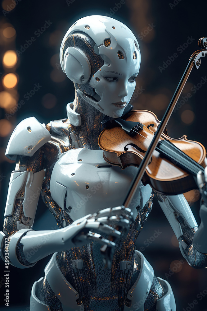 Fototapeta premium Robot playing violin. Ai with a musical instrument. Futuristic concept technology generative ai.