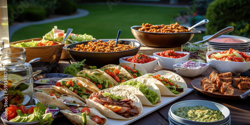 festive outdoor taco bar, featuring a spread of grilled chicken, steak, and fish, along with an array of toppings, favorite summer meals and drinks, Generative AI